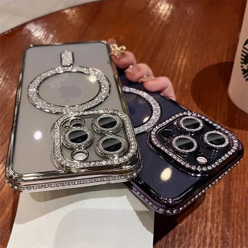 Fashion Girl Pink Crystal Glitter Transparent Magnetic Case For iPhone 16 15 11 12 13 14 Pro Max Wireless Charging Diamond Cover