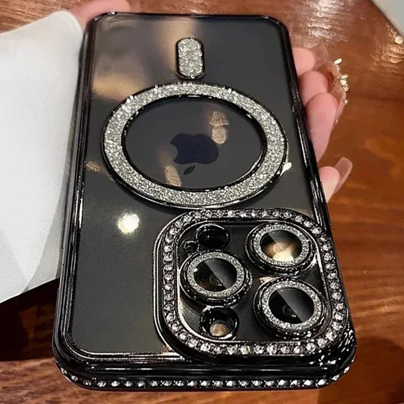 Fashion Girl Pink Crystal Glitter Transparent Magnetic Case For iPhone 16 15 11 12 13 14 Pro Max Wireless Charging Diamond Cover